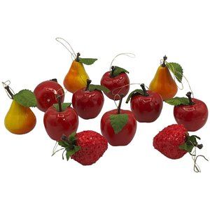 12 Christmas Ornaments Shiny Apples & Pears Glitter Strawberries Green Leaf